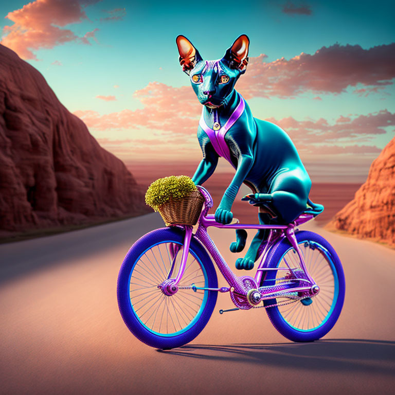 Stylized sphynx cat on bicycle with plants in desert at sunset