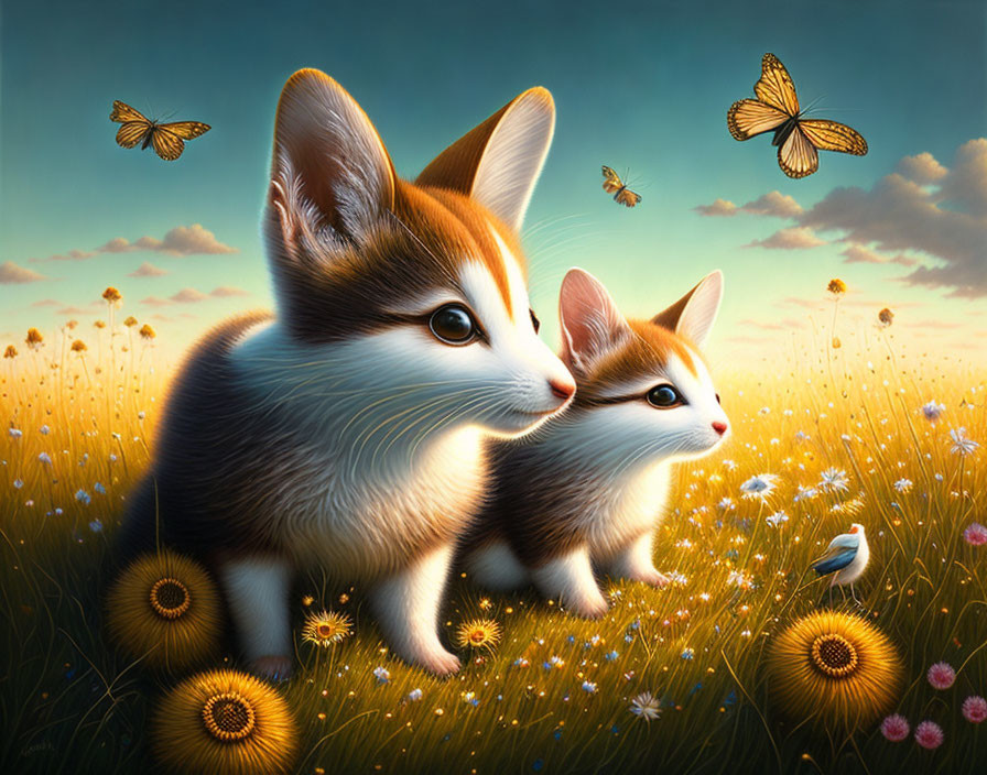 Whimsical creatures with kitten bodies and fox ears in vibrant meadow