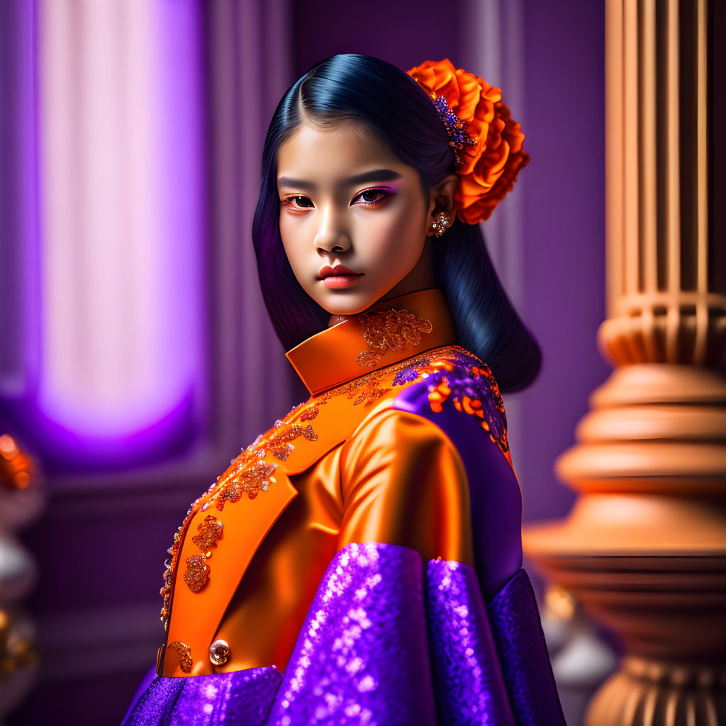 Traditional Outfit Woman with Floral Hair Accessory in Purple Background