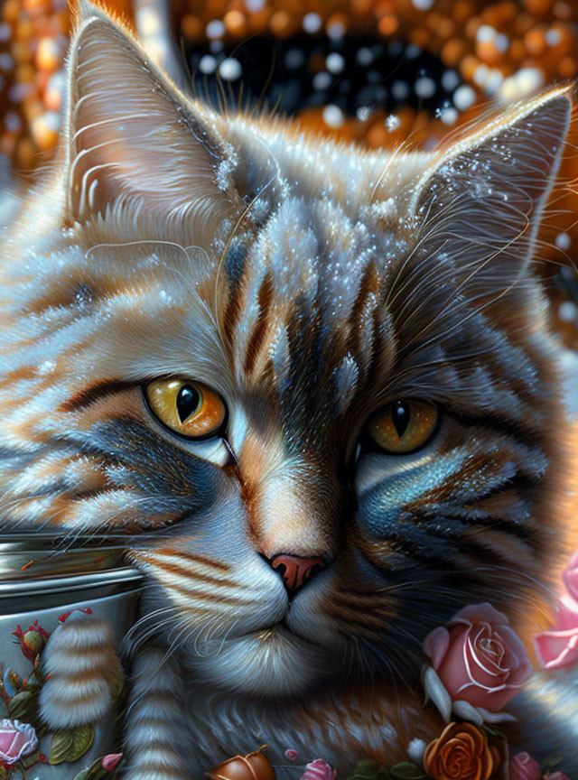 Detailed painting of tabby cat with yellow eyes, roses, and snowflakes