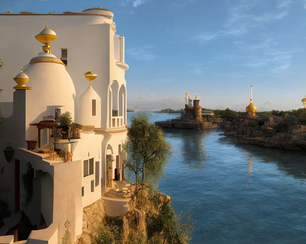 Tranquil waterfront view with white building, golden domes, river, and lighthouses