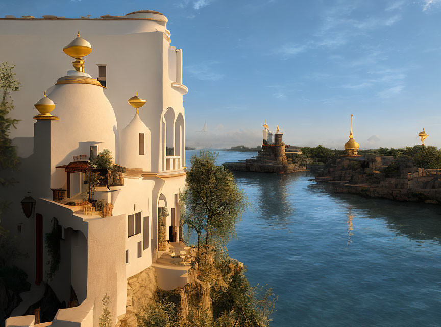 Tranquil waterfront view with white building, golden domes, river, and lighthouses