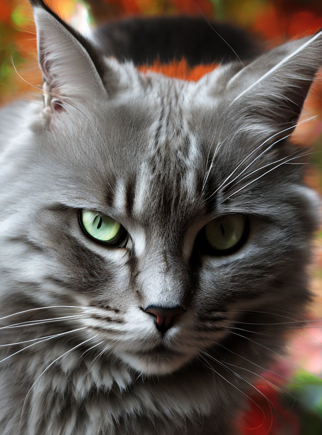 Grey Long-Haired Cat with Green Eyes and Pink Nose in Autumn Setting