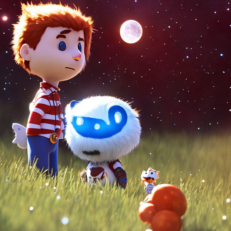 Animated boy in striped shirt with glowing blue creature in grassy field at night