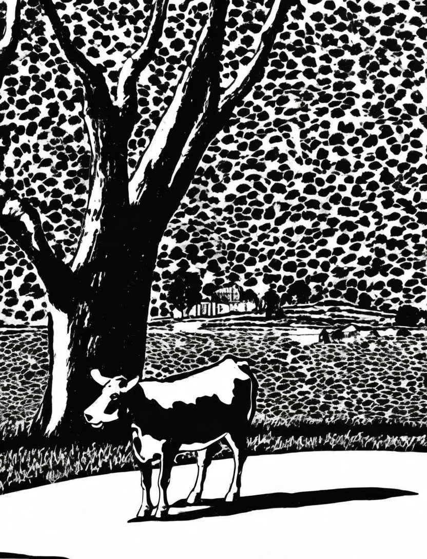 Monochrome cow illustration under tree with patterned background