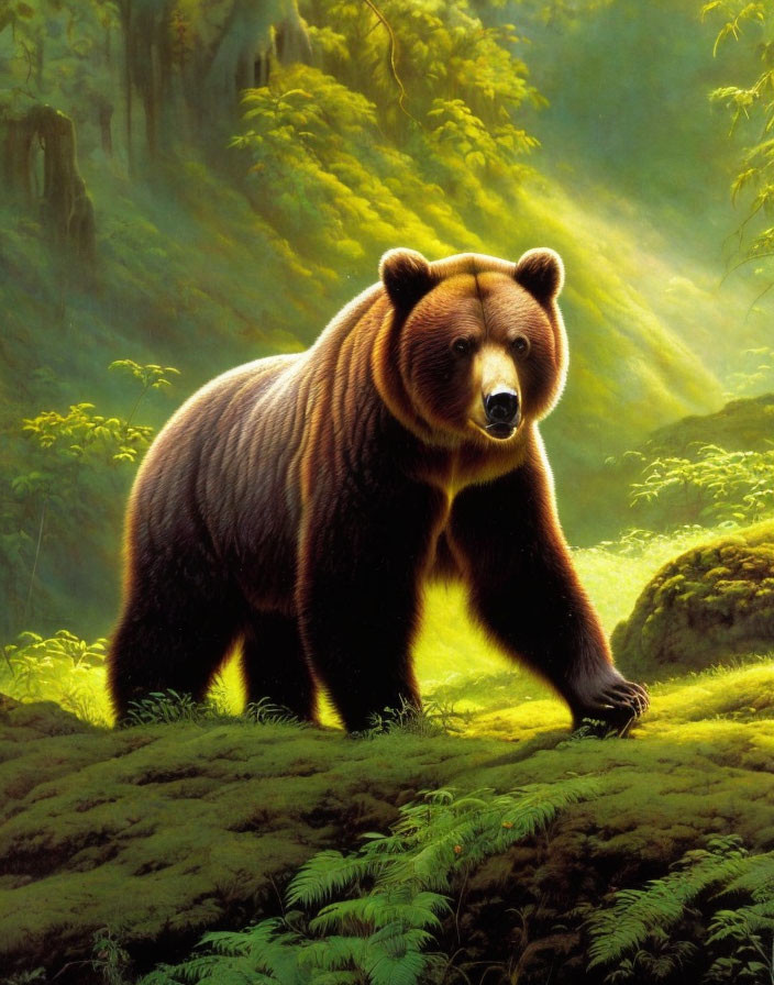 Brown Bear in Sunlit Forest Clearing Surrounded by Green Foliage