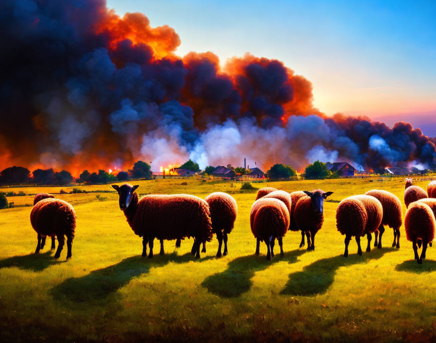 Sheep grazing in field with massive fire and smoke at sunset