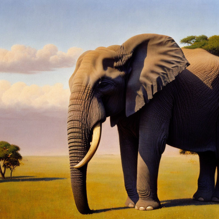 African elephant in savanna with sparse trees and skies