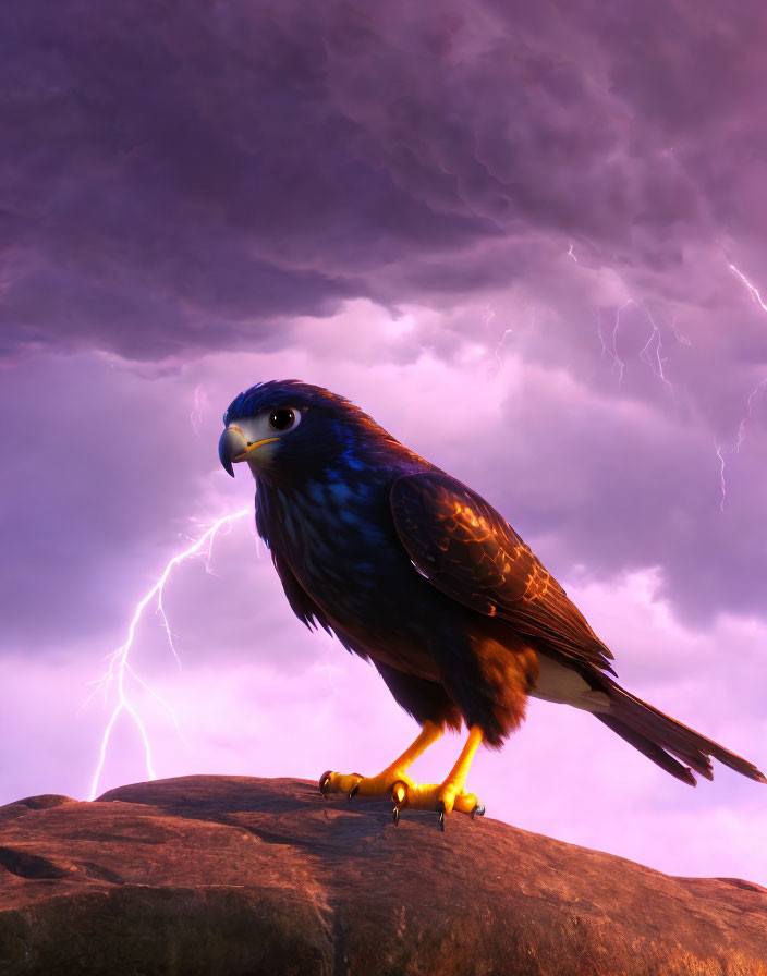 Majestic eagle on rock with purple sky and lightning