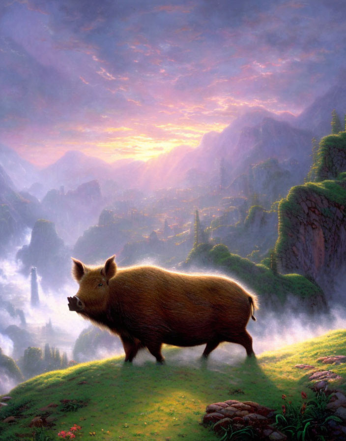 Pig on grassy cliff at sunrise with misty mountains