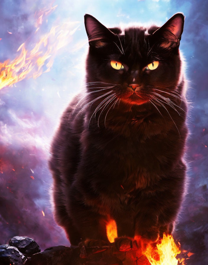 Black Cat with Yellow Eyes Against Flames and Embers