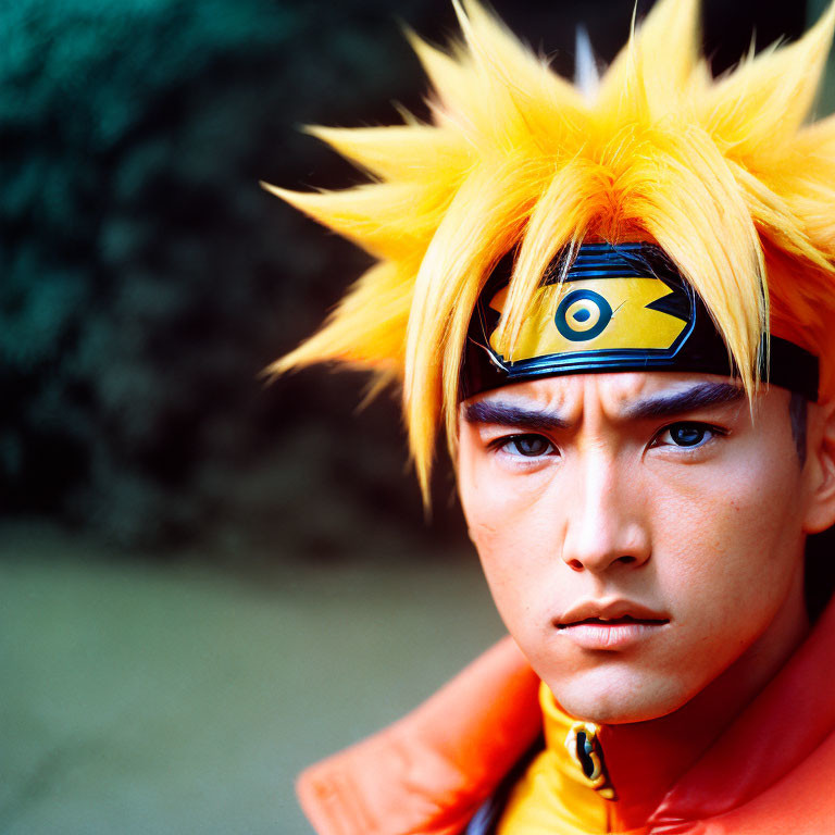 Cosplayer with spiky yellow hair and forehead protector, blue eyes, in orange and black outfit