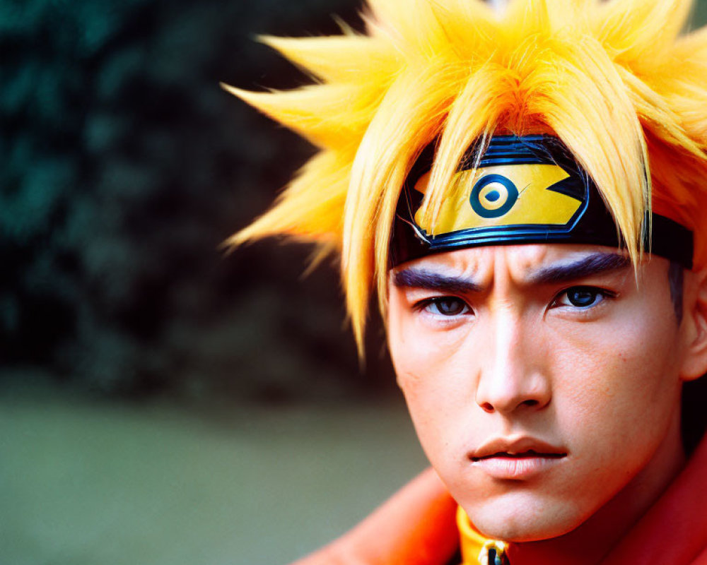 Cosplayer with spiky yellow hair and forehead protector, blue eyes, in orange and black outfit