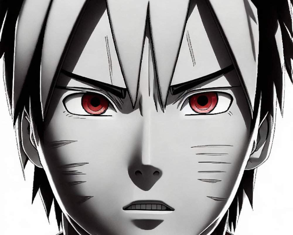 Anime character with spiky black hair and red eyes: Detailed Description