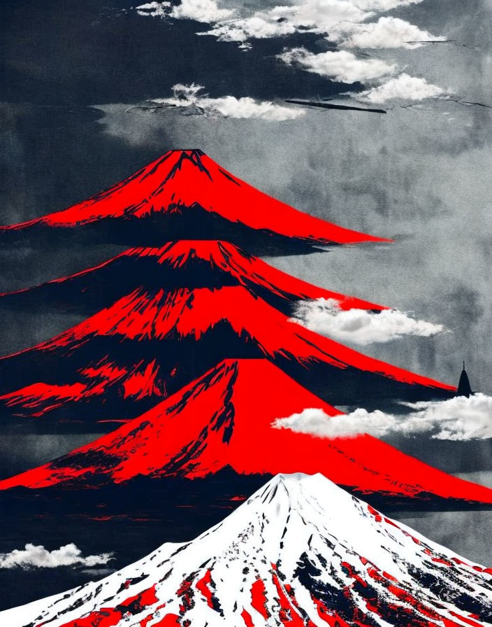 Mount Fuji Artwork: Stylized Red Accents on Grayscale Background