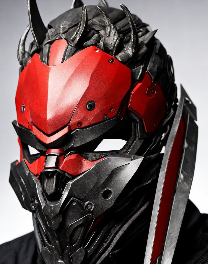 Detailed futuristic red and black helmet with horn-like protrusions