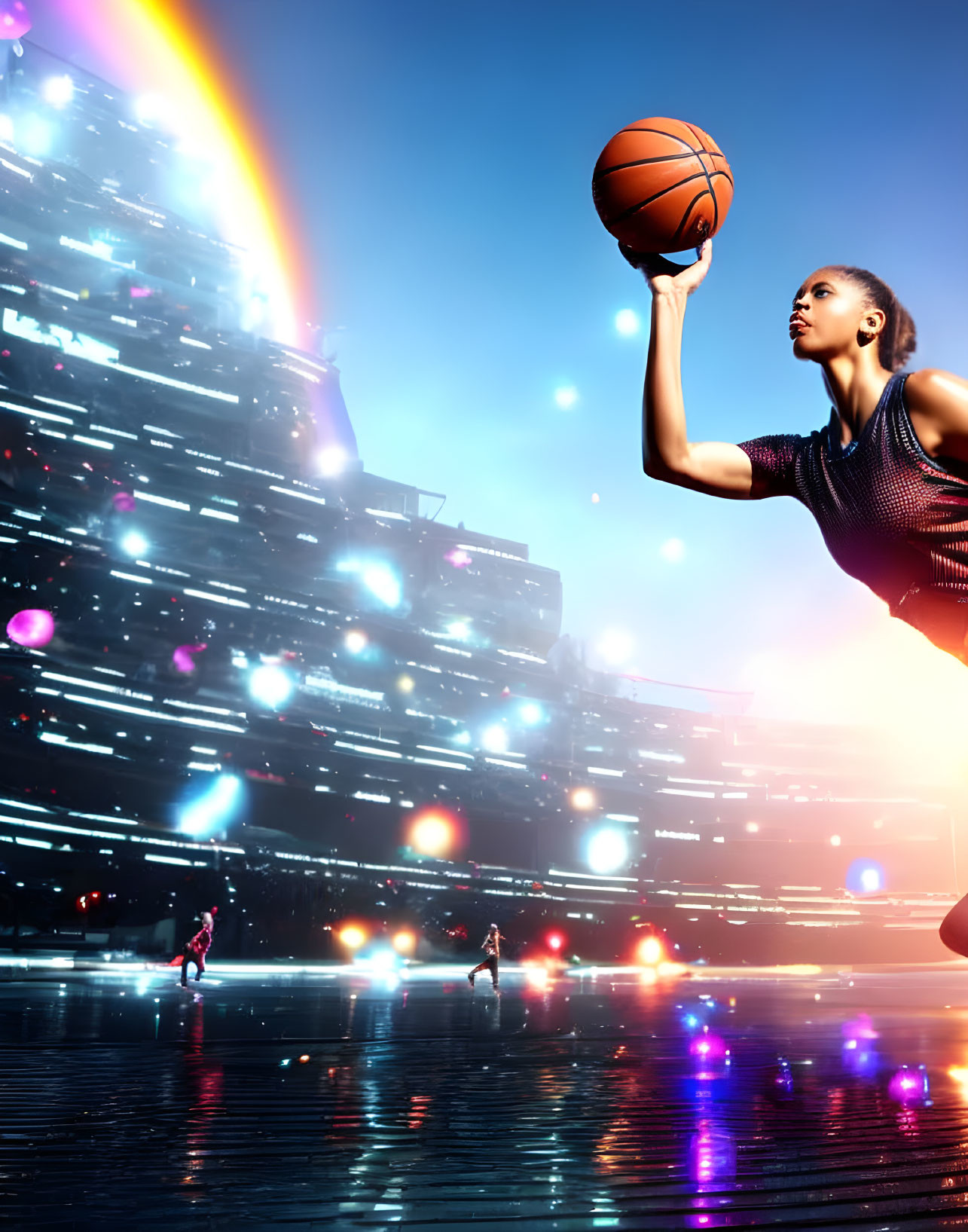 Female Basketball Player Shooting Against Futuristic Cityscape