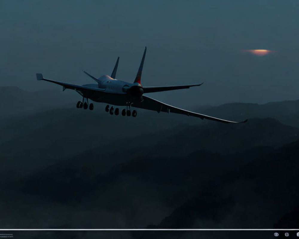 Airplane flying at dusk with landing gear down over hazy mountains and glowing horizon.