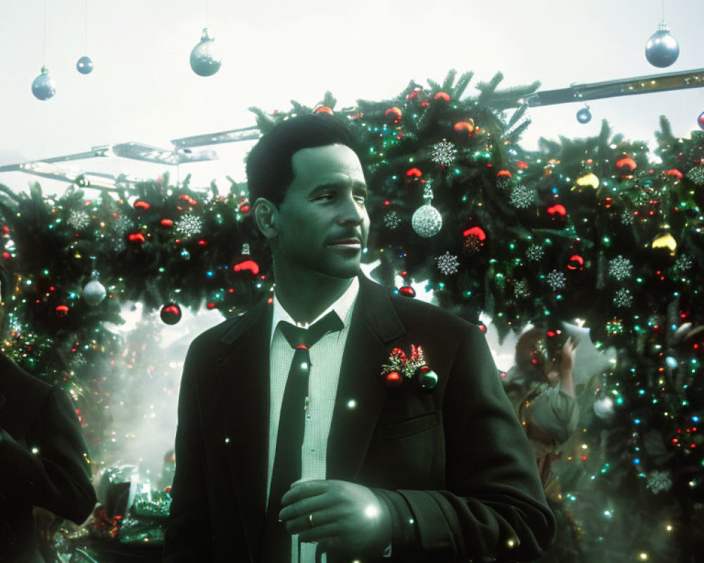 Man in suit smiling with Christmas trees and festive decorations