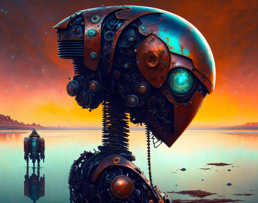 Detailed Robot Head in Surreal Sunset Landscape with Glowing Blue Eye