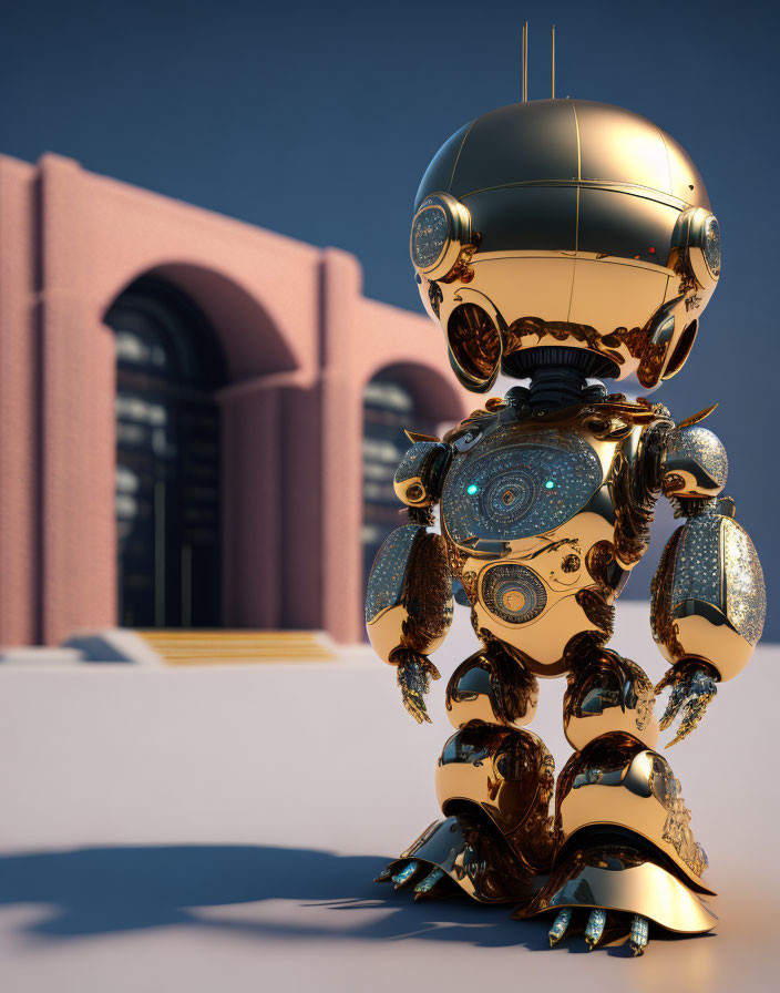 Detailed Golden Robot Stands by Pink Architecture Under Clear Sky