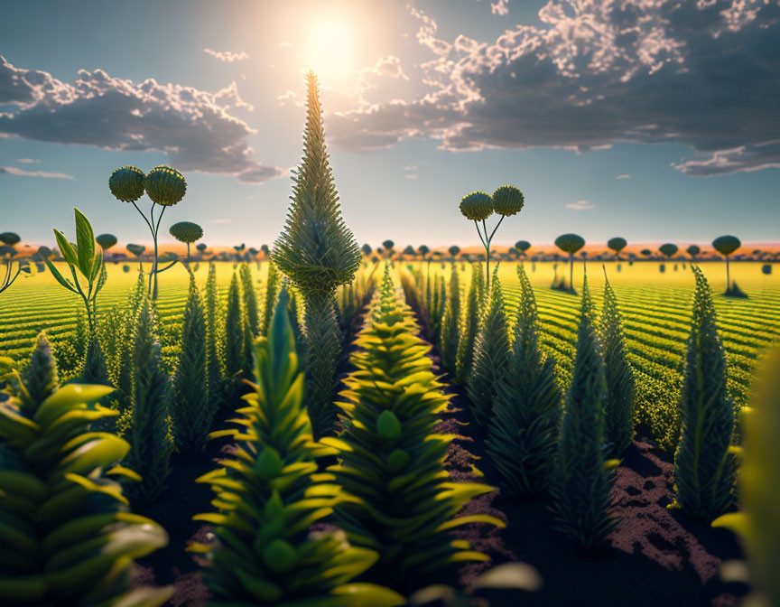 Symmetrical fantastical plants in vibrant field under sunny sky