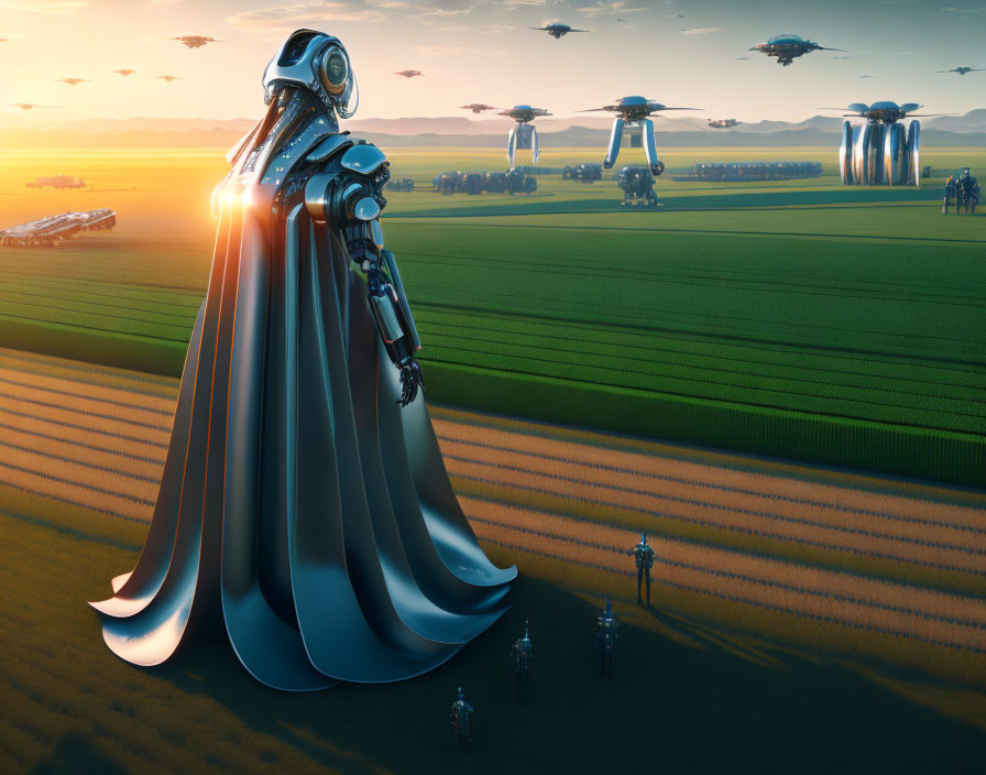 Robot in cape gazes at futuristic landscape with UFO-like structures at sunset