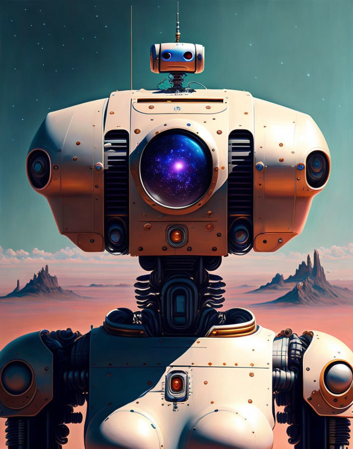 Whimsical large robot with galaxy torso and smaller robot on head in desert setting