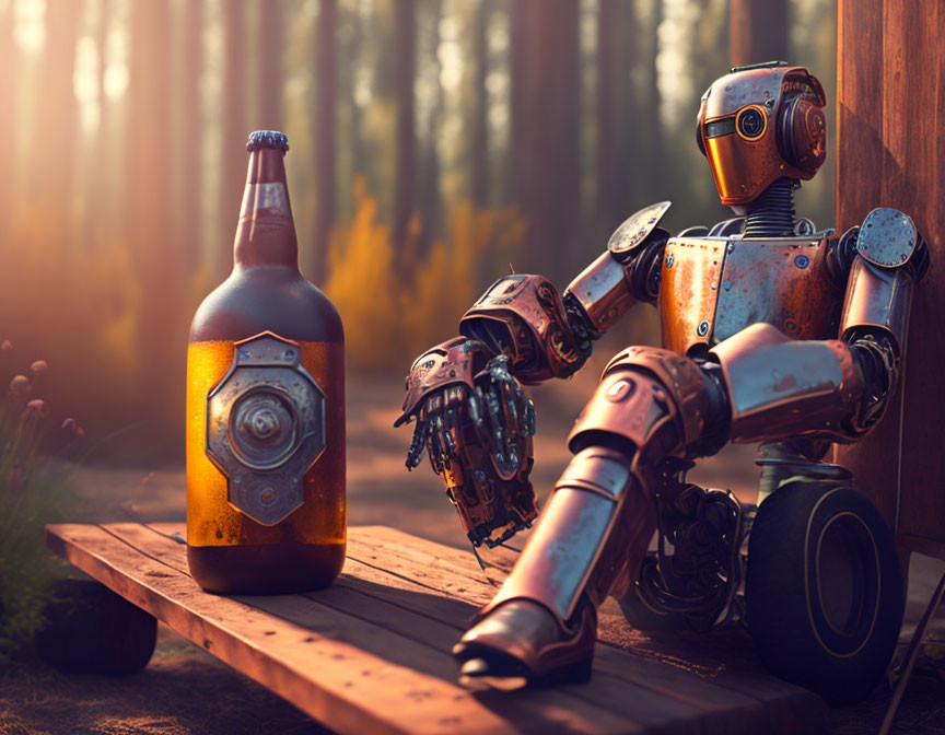 Vintage Robot and Beer Bottle on Wooden Bench in Forest Clearing