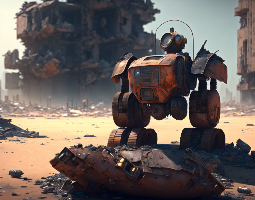 Weathered robot with binocular eyes in post-apocalyptic cityscape