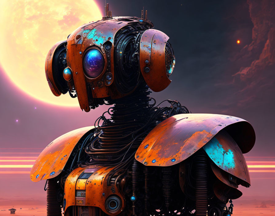 Rusty robot with spherical head and purple eye in pinkish sky