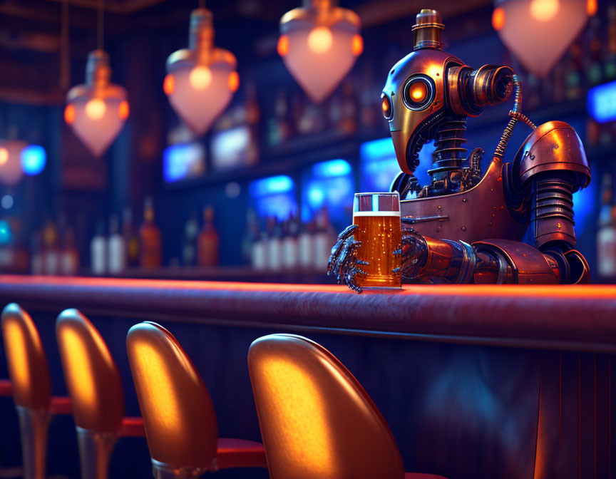 Steampunk robot enjoying a beer in cozy bar ambiance