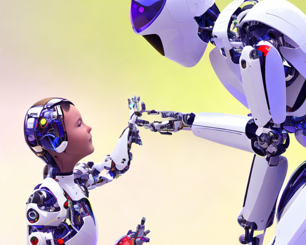 Child-like robot with visible brain circuitry interacts with larger humanoid robot on soft-colored background