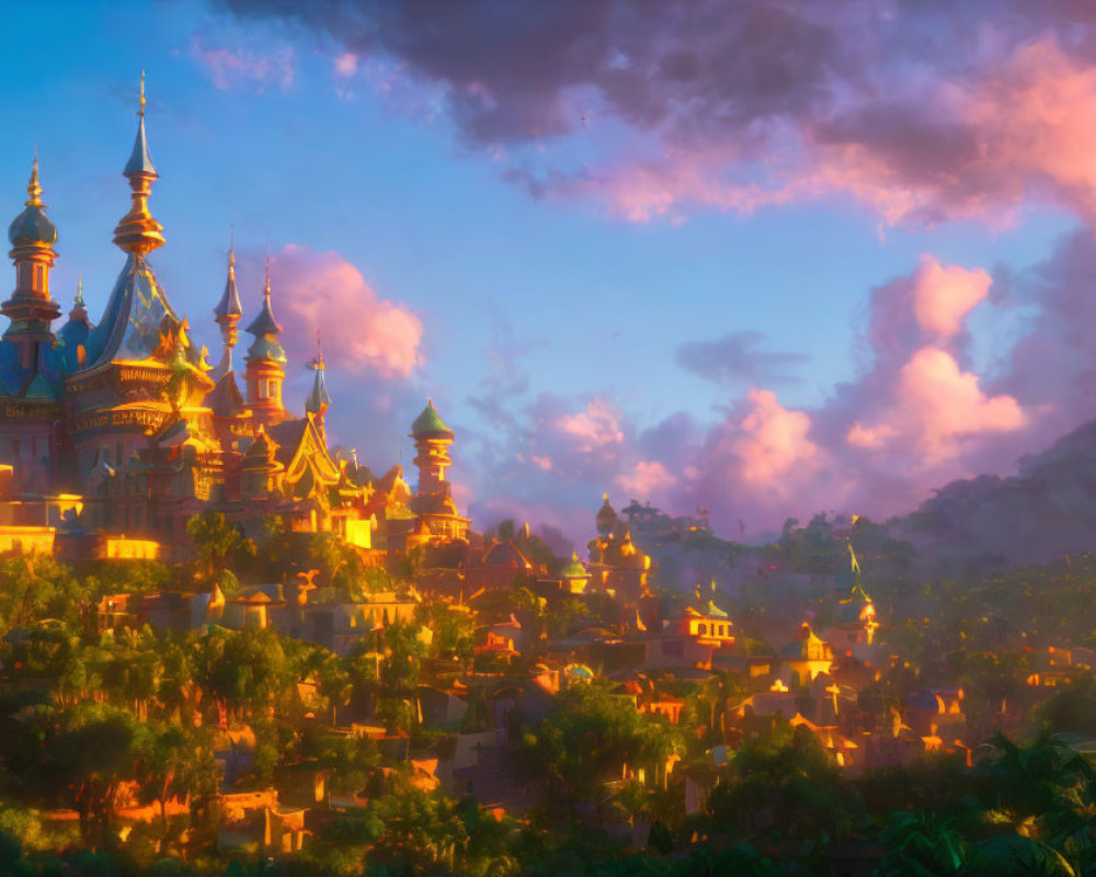 Vibrant fantasy landscape: Ornate castle at sunset