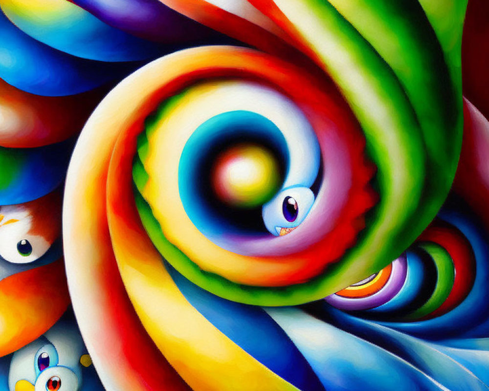 Colorful Abstract Painting with Swirling Pattern and Cartoonish Eyes