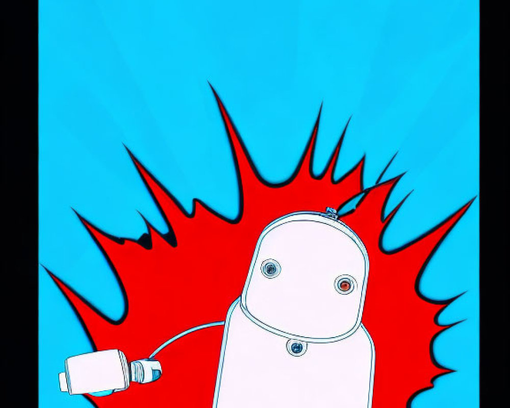 Stylized white oval robot with large eyes and power plug on blue background