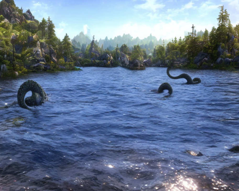 Serene Lake with Rocky Shores and Sea Serpent in Clear Sky