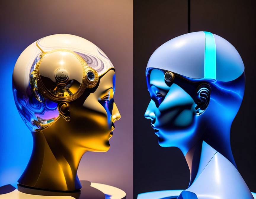 Stylized robotic heads with humanlike features in gold and blue against dark background