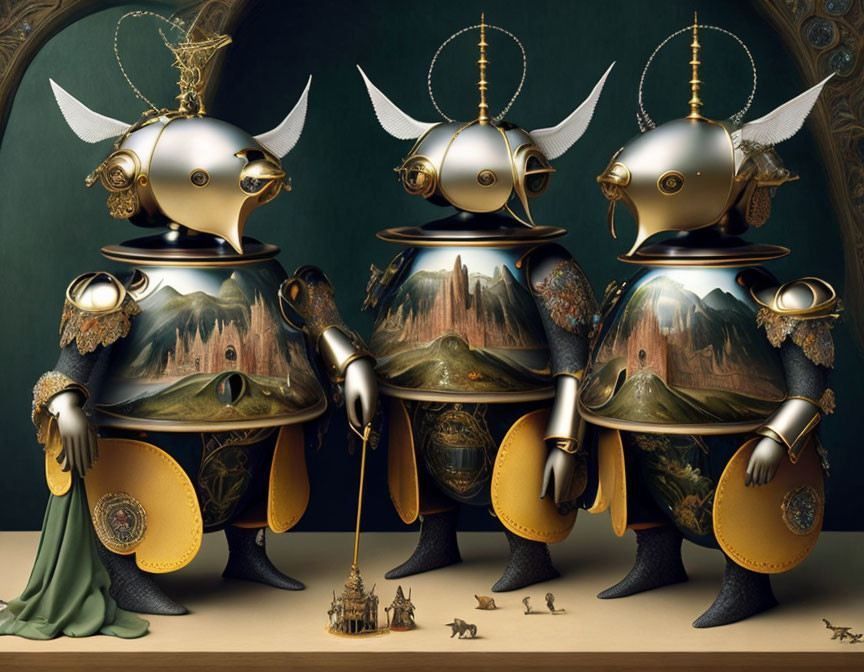 Three ornate anthropomorphic armors with spherical helmets and intricate designs in front of a landscape painting.