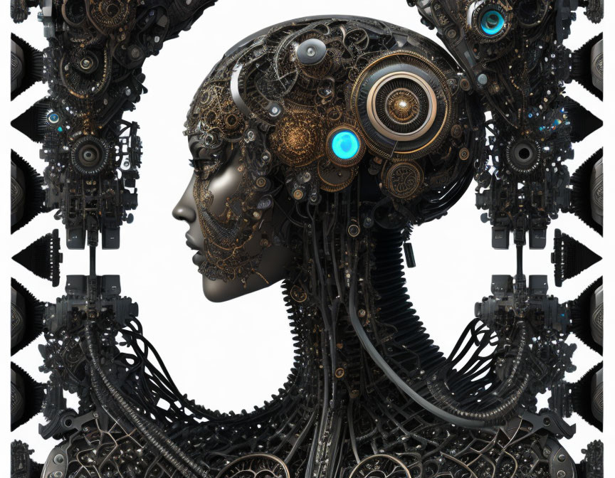 Robot with human-like face and intricate mechanical details against cogwheel backdrop