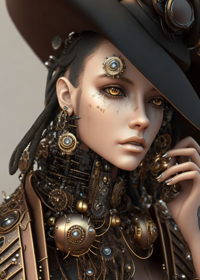 Steampunk-inspired woman with intricate metalwork jewelry and cogwheel motifs.