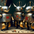 Three ornate anthropomorphic armors with spherical helmets and intricate designs in front of a landscape painting.