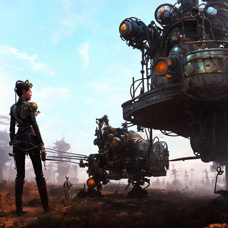 Steampunk woman next to detailed mechanical structure in industrial setting.