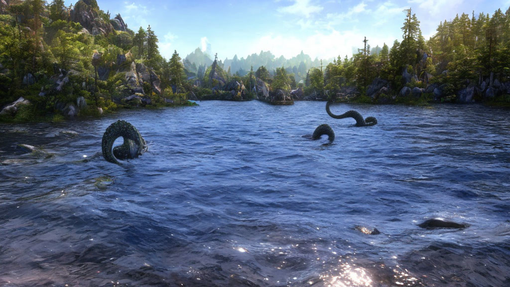 Serene Lake with Rocky Shores and Sea Serpent in Clear Sky