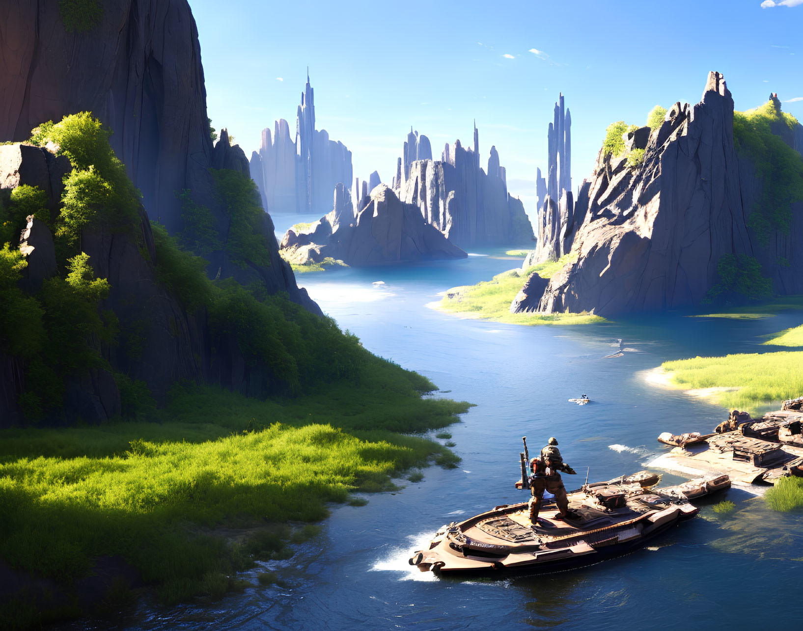 Tranquil landscape with river, cliffs, boat, greenery, and futuristic spires