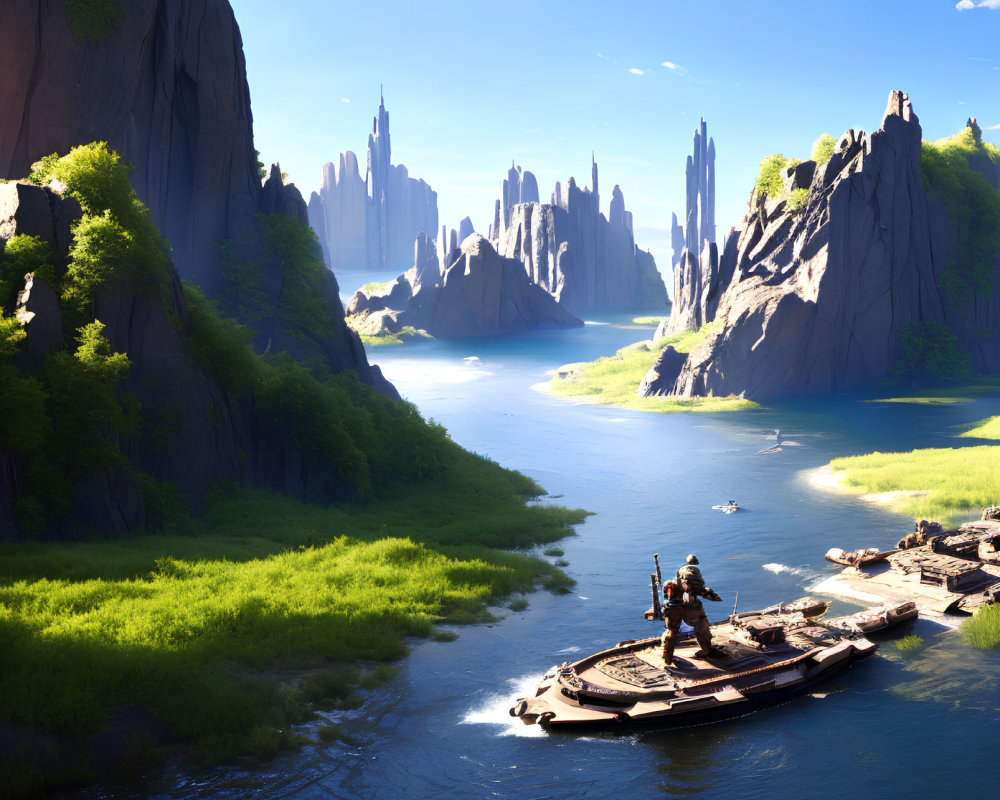 Tranquil landscape with river, cliffs, boat, greenery, and futuristic spires