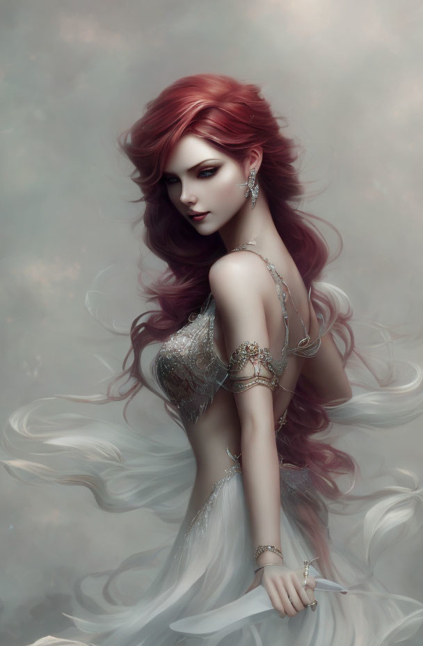 Digital Artwork: Woman with Red Hair, Silver Jewelry, White Dress