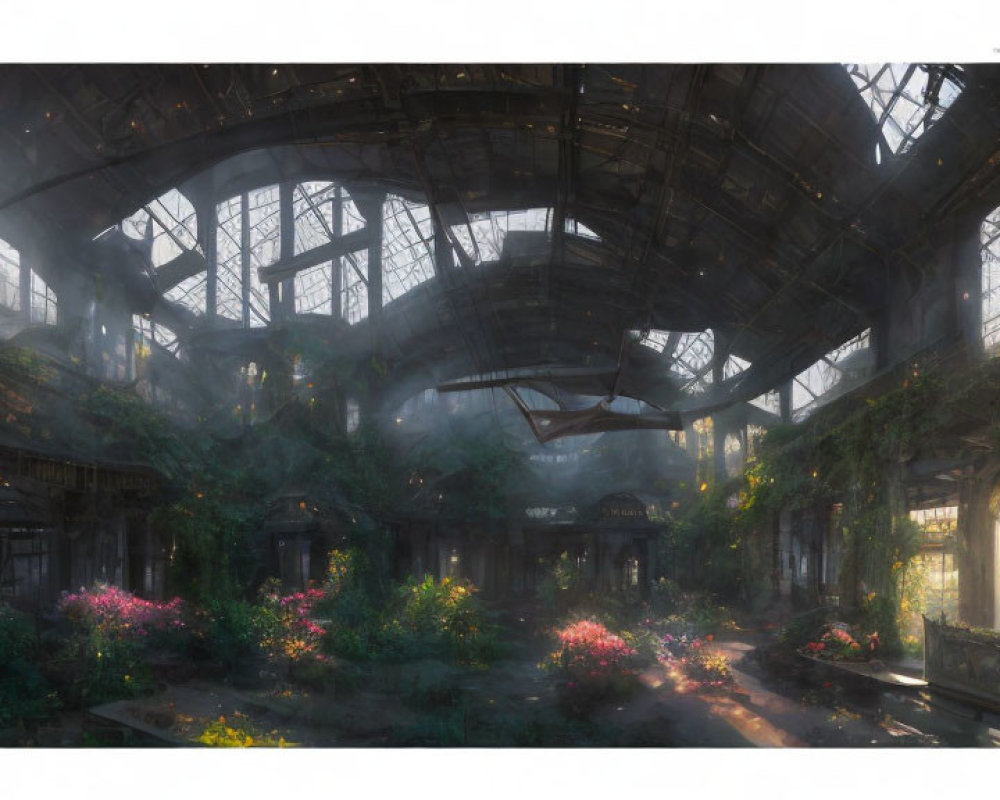 Abandoned train station with broken glass ceilings surrounded by greenery