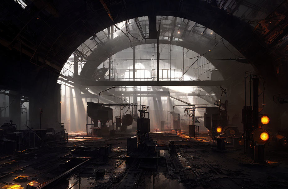 Dimly Lit Industrial Interior with Sunlight Streaming Through Large Windows