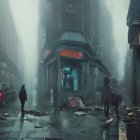 Dystopian city street scene with fog and dilapidated buildings